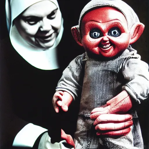 Image similar to a nun in church holding chucky the killer doll on her lap