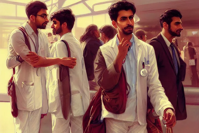 Prompt: Exasperated good looking pale young Indian doctors wearing American clothes chatting at the airport, portrait, elegant, intricate, digital painting, artstation, concept art, smooth, sharp focus, illustration, art by artgerm and greg rutkowski and alphonse mucha