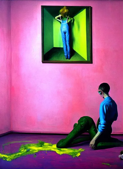 Prompt: an insane, skinny, artist wearing overalls, painting the walls inside a grand messy studio, hauntingly surreal, highly detailed painting by francis bacon, edward hopper, adrian ghenie, gerhard richter, and james jean, soft light 4 k in pink, green and blue colour palette