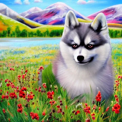 Prompt: Pomsky with red and white fur and light blue detailed eyes on a flower meadow, in the background trees and mountains oil painting on canvas