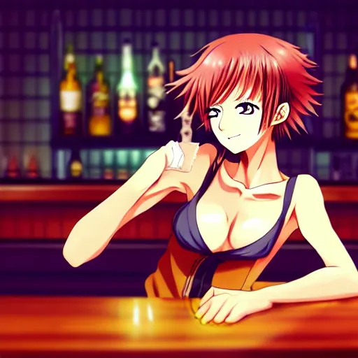 Prompt: Masculine looking anime girl at a bar drinking a beer, warm glow from the lights, angle that looks up at her from below, deviantart, pixiv, detailed face, smug appearance, beautiful anime, obviously drunk with reddish cheeks, detailed anime eyes with pupils, in the style of One Piece