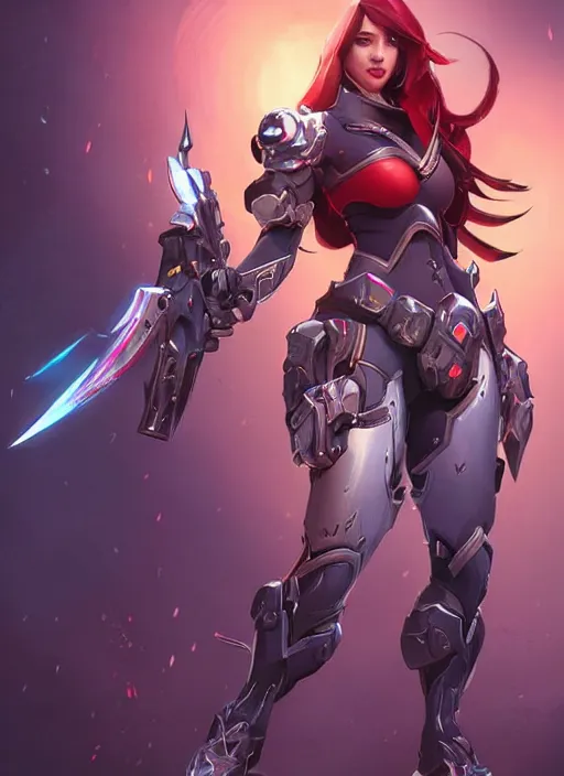 Image similar to beautiful new character for overwatch, full body armor, dual wielding swords, super powers, long red hair, intricate design, shiny, art by artgerm and greg rutkowski