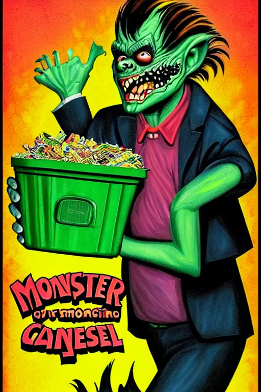 Image similar to vintage goosebumps cover art style illustration of a monster coming out of a garbage can.