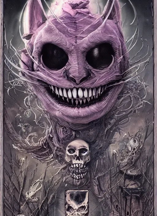 Image similar to Cheshire Cat Death Tarot card,highly detailed,half skull face,cinematic,8k,by Stanley Artgermm,Tom Bagshaw,Greg Rutkowski,Carne Griffiths, Ayami Kojima, Beksinski, Giger,trending on DeviantArt,hyper detailed,horror, full of colour