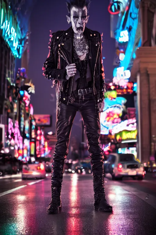 Image similar to full body portrait of a punk vampire on the Las Vegas strip at night, by shan qiao, cinematic, hyper realism, high detail, octane render, 8k,trending on artstation, CGsociety, concept art, 35mm, kodak portra