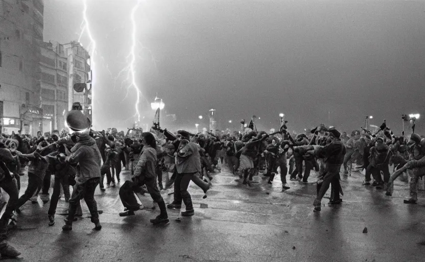 Image similar to 1990s movie still of a yougoslavian street with a large crowd fighting soviet soldiers, with stalinist style highrise, Cinestill 800t 18mm, heavy grainy picture, very detailed, high quality, 4k panoramic, HD criterion, dramatic lightning, streetlight at night, foggy