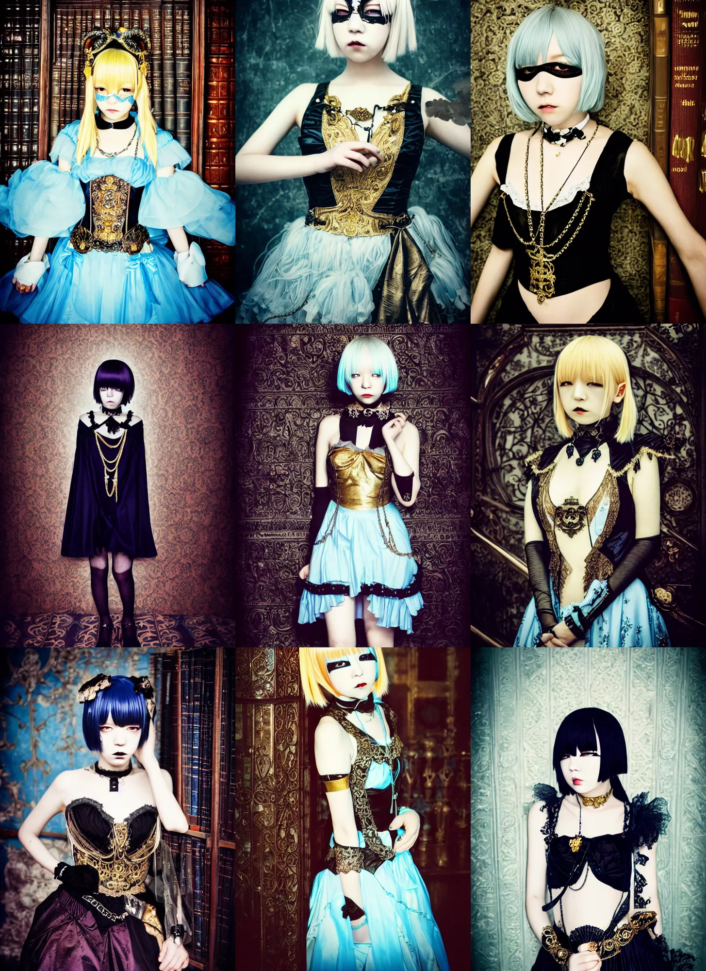 Prompt: lomography, full body portrait photo of young women like reol in a holding a masquerade ball in a library, wearing an ornate gothic dress and choker, moody, realistic, dark, skin tinted a warm tone, light blue filter, hdr, rounded eyes, detailed facial features, gold black