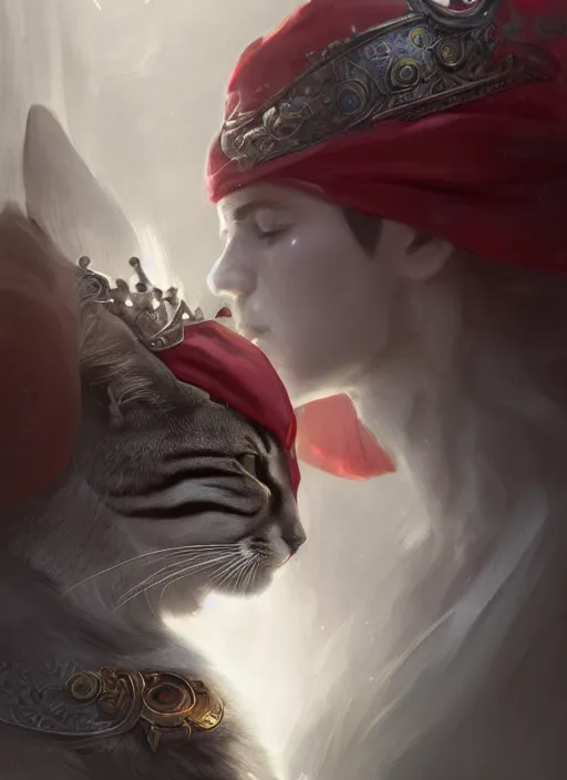 Prompt: side profile of a cat king wearing a crown and red robes, fantasy, digital painting, volumetric light, intricate, sharp, focus, bloom, illustration, highly detailed, concept art, matte, ruan jia, randy vargas, greg rutkowski