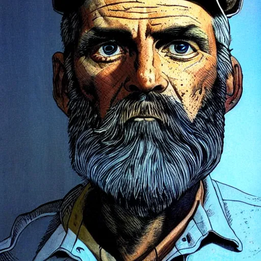 Prompt: Moebius portrait of an old space mine worker, bearded, incredible details, sad facial expression, dignified, trustworthy eyes, tears