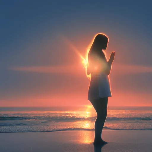 Prompt: beautiful photograph of a young woman praying by the pacific ocean, sunrise, birds, epic, cinematic lighting, dramatic angle, 8k hdr pixiv dslr photo by Makoto Shinkai and Wojtek Fus