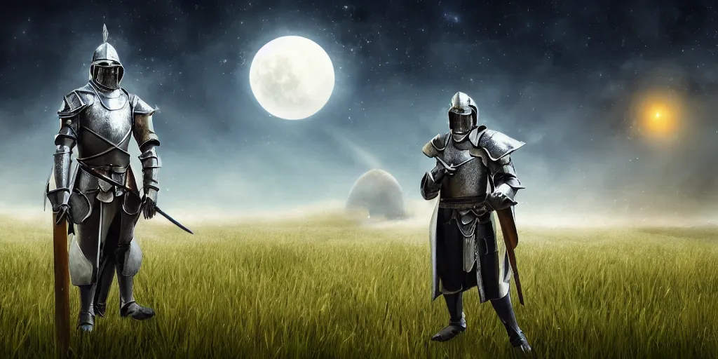 Image similar to medieval fantasy knight standing in a field, many planets in the sky behind him, craters, melancholy tone, composition, extremely detailed,