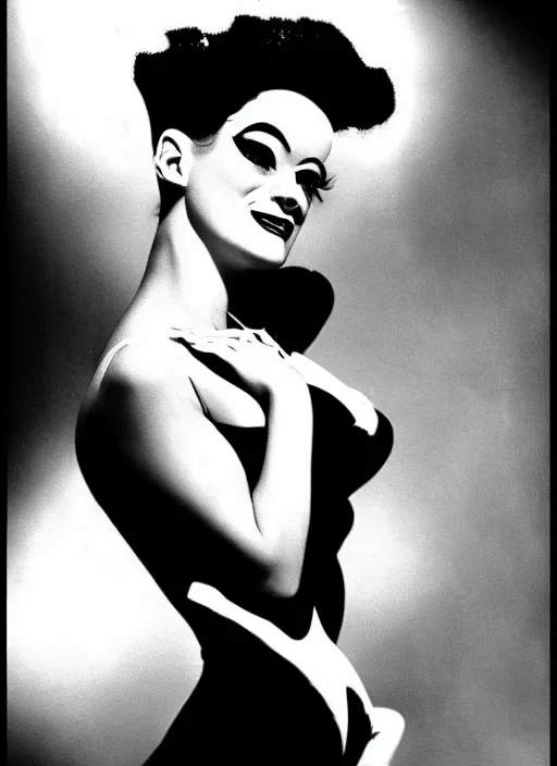 Image similar to pin - up photography of the bride of frankenstein, flash photography,