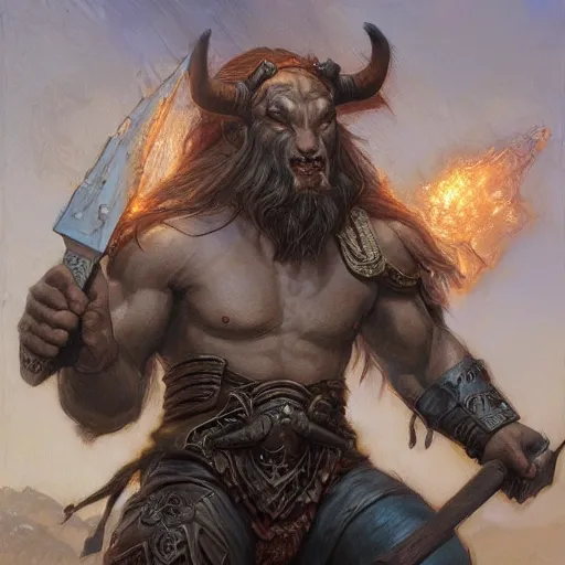 Image similar to huge smug minotaur wielding a greataxe, realistic art by donato giancola and greg rutkowski, digital art, trending on artstation