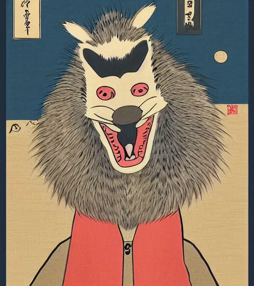 Image similar to ukiyo-e ukiyoe portrait of furry anthro anthropomorphic spotted hyena head animal person fursona wearing clothes sitting in a living room