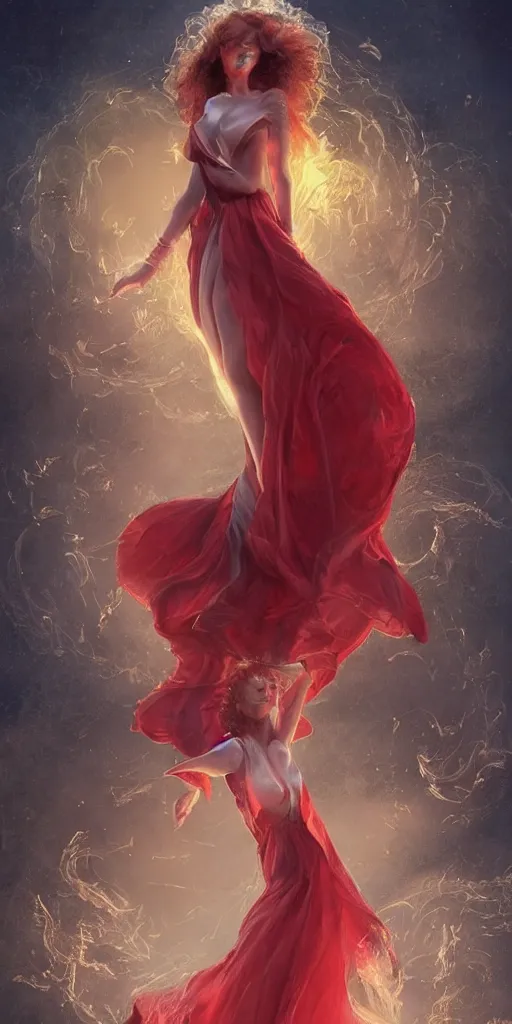Prompt: A woman floats in midair, encircled by a ring of fire. She wears a crimson gown and her hair is wild and flowing. In her hands she holds a staff adorned with a large crystal ball, super coherent, trending on artstation, female, magic, by Lulu Chen and Mandy Jurgens