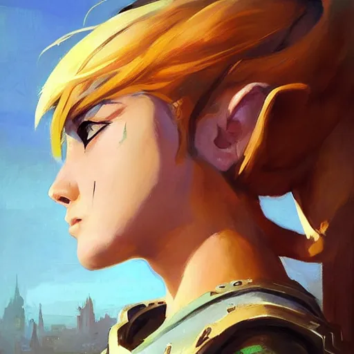 Image similar to greg manchess portrait painting of partially armored female link from legend of zelda as overwatch character, medium shot, asymmetrical, profile picture, organic painting, sunny day, matte painting, bold shapes, hard edges, street art, trending on artstation, by huang guangjian and gil elvgren and sachin teng