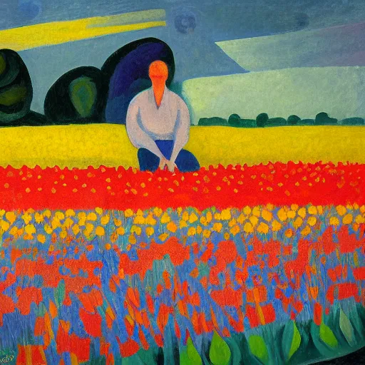 Prompt: Portrait of a man lying in a field of tulips by Robert Delaunay, colorful, hopeful, detailed, sunrise, light colors