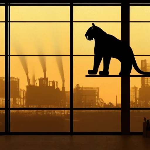 Prompt: a silhouette of a great tiger standing majestic in a large industrial room with massive windows, golden light, smoke, backlit, realistic photo, artstation