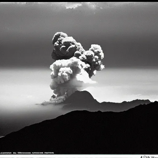 Prompt: very grainy black and white 3 5 mm film photograph of a vulcanic explosion on la palma, tri - x film, incredible contrast and dynamic range, landscape photography by anselm adams, full format camera, high resolution