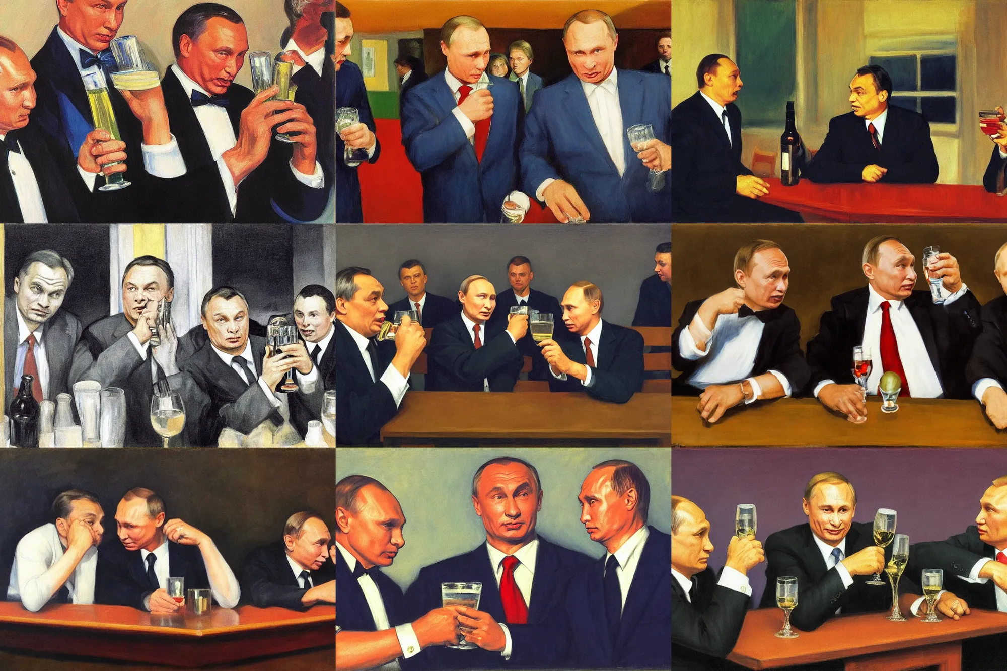 Prompt: viktor orban and putin drinking and cheering, by edward hopper