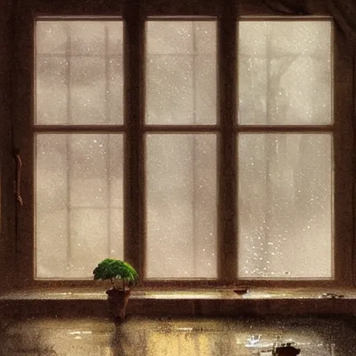 Image similar to A day inside when it is rainy, rainy window, warm colors, sepia, by Greg Rutkowski and studio ghibli