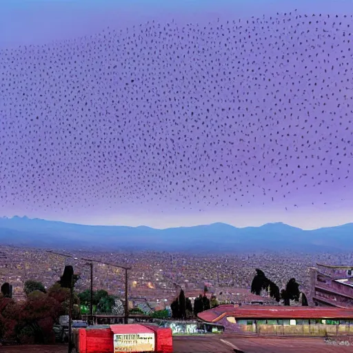 Image similar to thousands of bird trajectory trails in the sky of santiago of chile, purple dawn seen from a metro station, matte painting by esao andrews and akira kurosawa