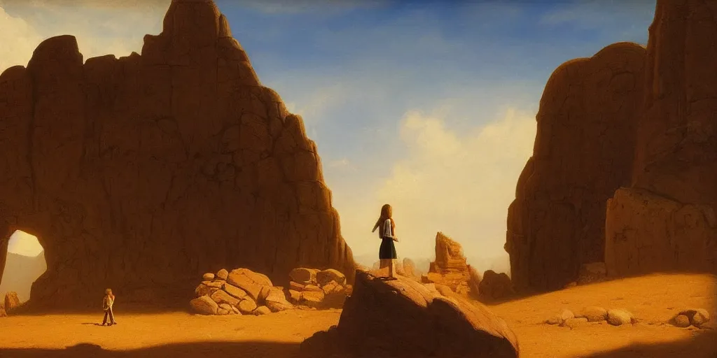 Image similar to a young girl stands next to a rock giant, shadow of the colossus, in front of a temple, in a large desert cave, dramatic lighting, hudson river school