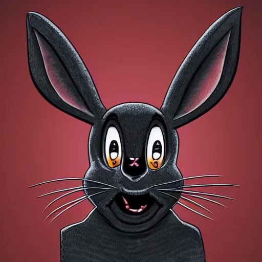 Prompt: A extremely highly detailed majestic hi-res beautiful, highly detailed head and shoulders portrait of a scary terrifying, horrifying, creepy goofy evil black cartoon rabbit with scary big eyes, earing a shirt laughing, hey buddy, let's be friends, in the style of Walt Disney