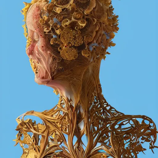 Image similar to beatifull frontal face portrait of a woman, 150 mm, anatomical, flesh, flowers, mandelbrot fractal, facial muscles, veins, arteries, symmetric, intricate, golden ratio, full frame, microscopic, elegant, highly detailed, ornate, ornament, sculpture, elegant , luxury, beautifully lit, ray trace, octane render in the style of peter Gric , alex grey and Romero Ressendi