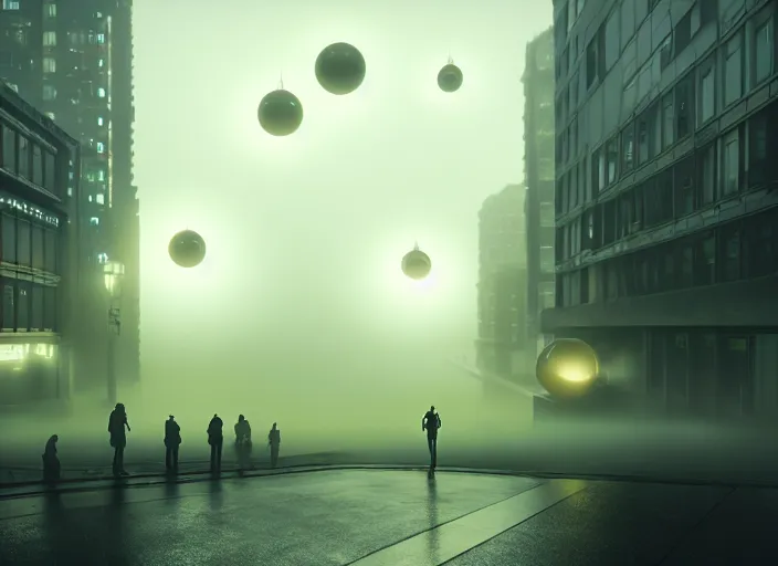 Image similar to glowing alien spheres over the city, fog, rain, volumetric lighting, beautiful, mystique, golden hour, sharp focus, ultra detailed, concept art, gilles beloeil, andy park, jan urschel, dylan cole, noir art house, 4 k, 3 5 mm, fujifilm