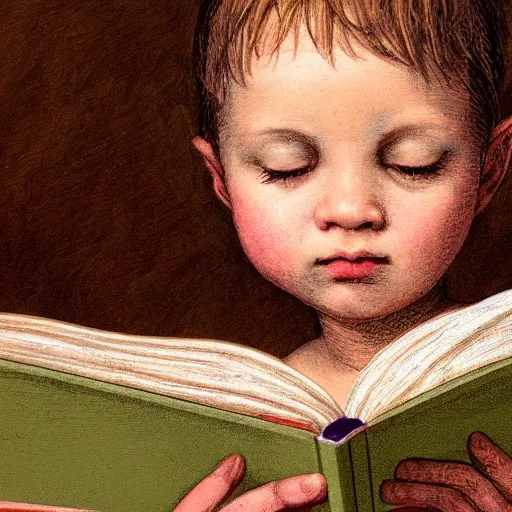 Prompt: hyperrealistic hyperdetailed half-lenght portrait of child, reading an illustrated book. in the style of Michelangelo. amazing textures. HD 8x no frame