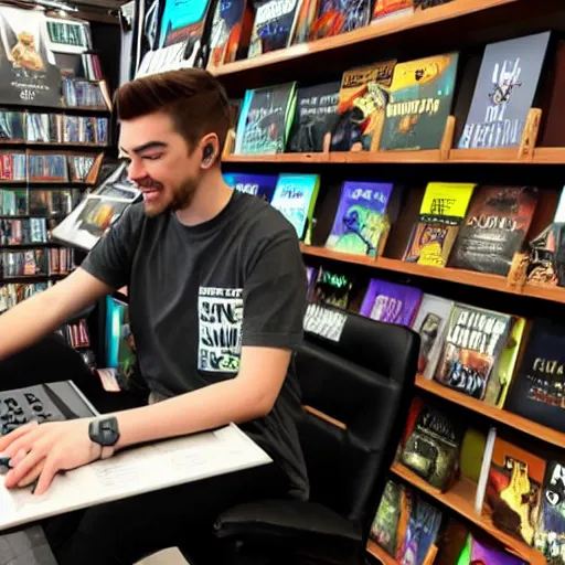 Prompt: jacksepticeye playing a video game in a bookstore