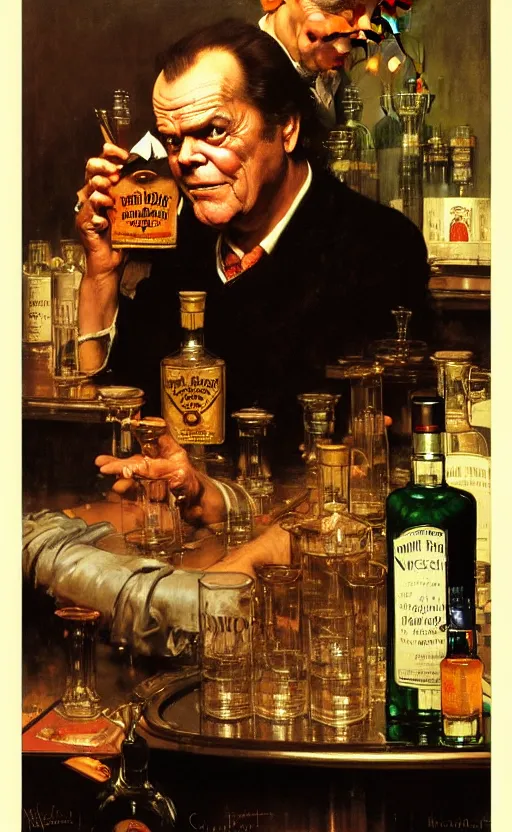 Prompt: illustration of a bottle of whiskey with jack nicholson inside, by norman rockwell, roberto ferri, daniel gerhartz, edd cartier, jack kirby, howard brown, ruan jia, tom lovell, jacob collins, dean cornwell