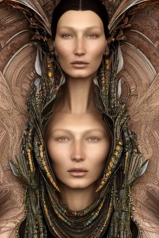 Image similar to a realistic portrait of a beautiful ancient alien woman goddess bella hadid standing in iris van herpen dress jewelery and fractals in style of alphonse mucha art nuvo dmt trending on artstation made in unreal engine 4