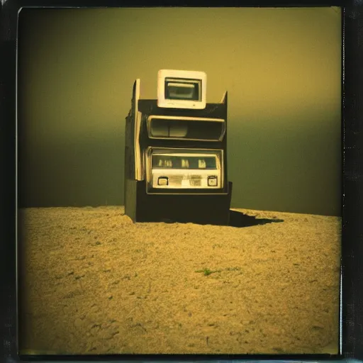 Prompt: a slot machine in the middle of a desert at night, liminal space, old polaroid, expired film, slightly blurry,