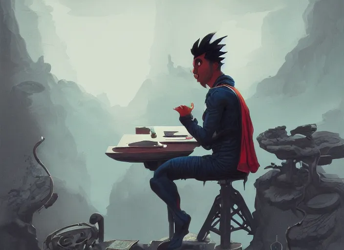 Image similar to an insanely detailed painting of an asian man wearing a homemade superhero costume, sitting at a desk, staring seriously at the computer and typing, in the style of peter mohrbacher, james jean, dramatic lighting and composition, surreal background, octane render, pixar, trending on artstation, concept art, comic book, view from behind, 8 k