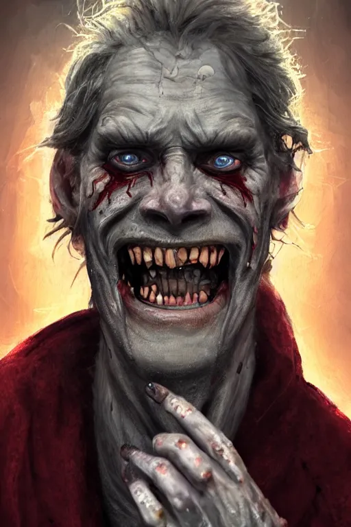 Image similar to A deranged filthy man looking like Wille. Dafoe wearing long dark damaged ripped robes looking at the ca.era with a creepy smile, long fingernails, unclipped fingernails, sharp fingernails, focus on face, sharp focus, digital painting, trending on artstation, concept art, fantasy, medieval, D&D