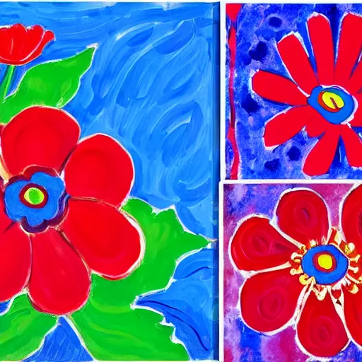 Image similar to a painting of a red flower on a blue background, a pop art painting by laurel burch, trending on pixabay, fauvism, fauvism, pop art, vivid colors