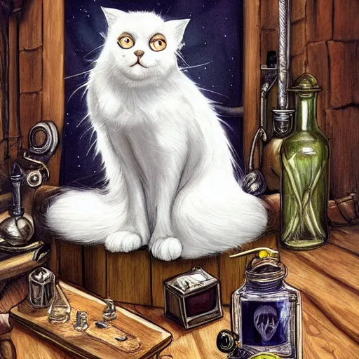 Image similar to a full body beautifull witch with white hair in an old room a cristal ball on wood table. with a potions and old instruments. a white cat on the floor licking his paw. in a fantasy style paiting