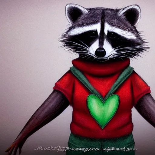 Prompt: a raccoon in a green, hooded rouge outfit with red accents holding dagger, trending on art station