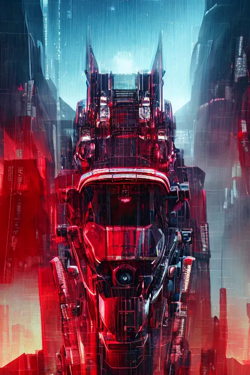 Image similar to giant imposing complex machine merged with evil cybernetic goat head at helm, cyberpunk, red hues