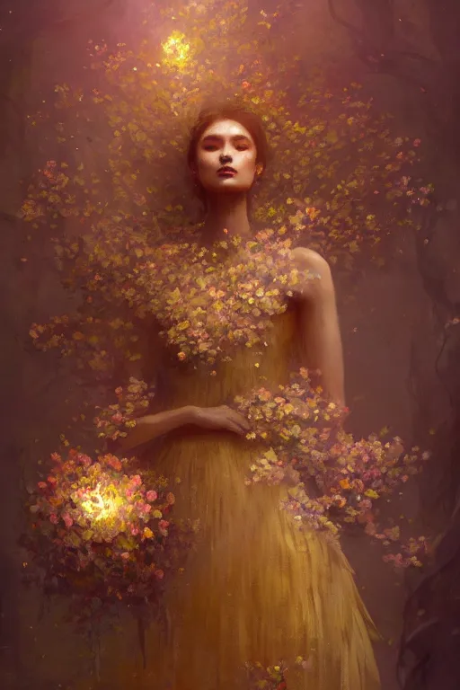 Prompt: a stunning elegant girl made of flowers and golden silks. ethereal horror fantasy art by greg rutkowski and magali villanueve and monet, concept art, smooth, cinematic lighting, 8 k resolution