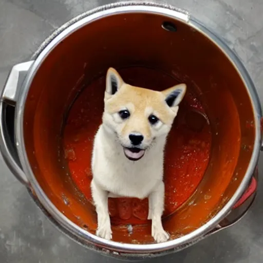 Prompt: doge trapped in tomato sauce pot