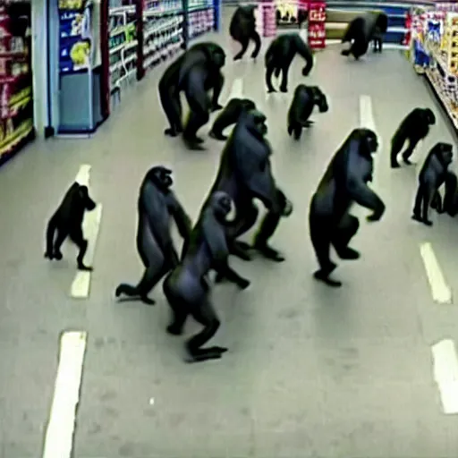 Prompt: cctv footage of a herd of gorillas raiding a walmart with people running away