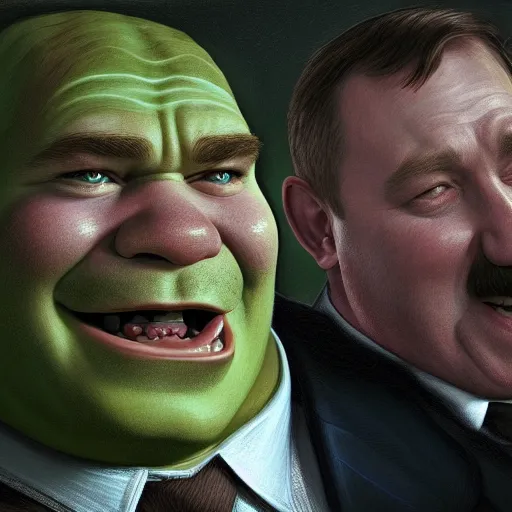 Prompt: Beautiful face Portrait of Shrek and Adolf Hitler drinking together and laughing, powerful , magic, thunders, dramatic lighting, intricate, wild, highly detailed, digital painting, artstation, concept art, smooth, sharp focus, illustration, art by artgerm and greg rutkowski and alphonse mucha, found footage