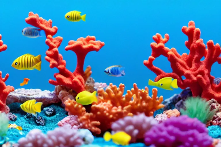 Image similar to fisher price coral reef, california scene from tv show hyper detailed 5 5 mm 8 5 mm, toy photography, made out of plastic