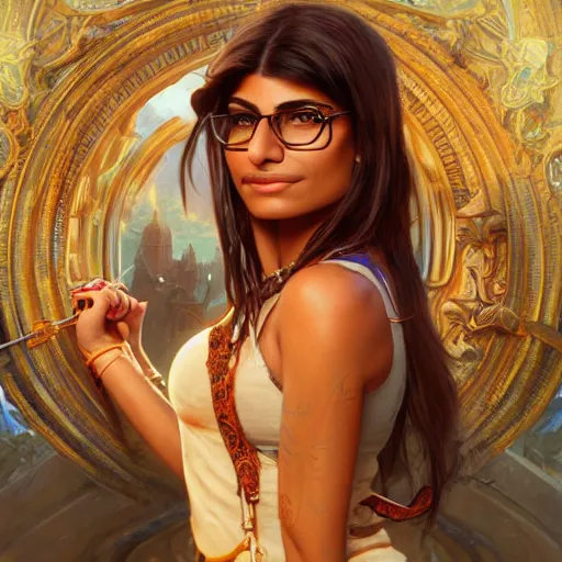 Image similar to mia khalifa fantasy warrior, intricate, highly detailed, digital painting, artstation, concept art, smooth, sharp focus, illustration, unreal engine 5, 8 k, art by artgerm and greg rutkowski and alphonse mucha