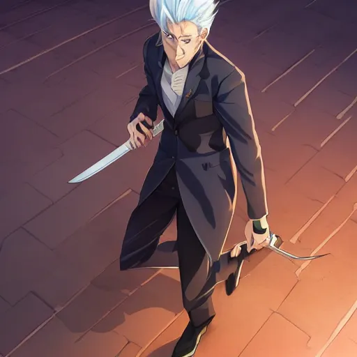 Prompt: semi realistic anime illustration of short slick backed white haired man, wearing dark blue suit, wielding katana, with beautiful hyperdetailed sky blue eyes, facing camera directly, full body shot, full face portrait made by Stanley Artgerm, WLOP, Rossdraws, James Jean Andrei Riabovitchev, Marc Simonetti, Yoshitaka Amano, Artstation