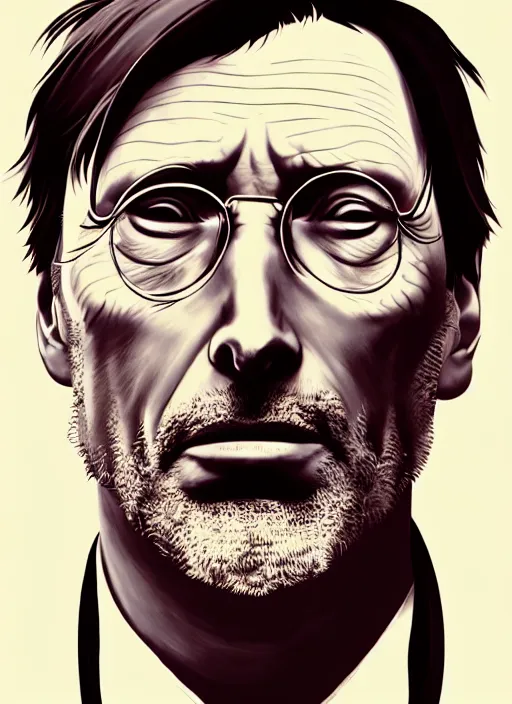 Image similar to portrait of mads mikkelsen, artstation, detailed cartoon, elegant, digital painting, concept art, smooth, sharp focus, illustration, ghibli, makoto shinkai, don bluth, fujita goro, jean giraud, akihiko yoshida, tom whalen 8 k