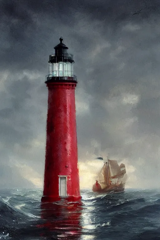 Prompt: imagine a ship in a bottle but instead of a ship a red and white lighthouse is in the bottle, fancy whiskey bottle, masterpiece painting by greg rutkowski and ruan jia